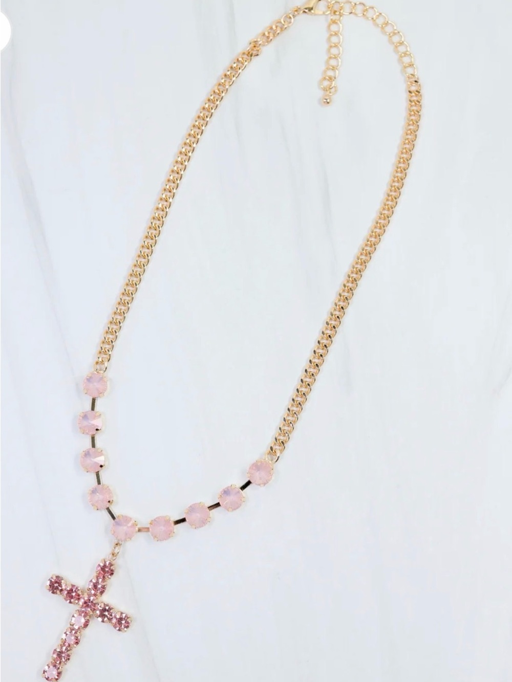 Pink Crystal Cross Pendant Necklace - Gold Chain